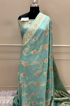 Mint Green Shakahari Jaal Georgette Silk Banarasi Saree