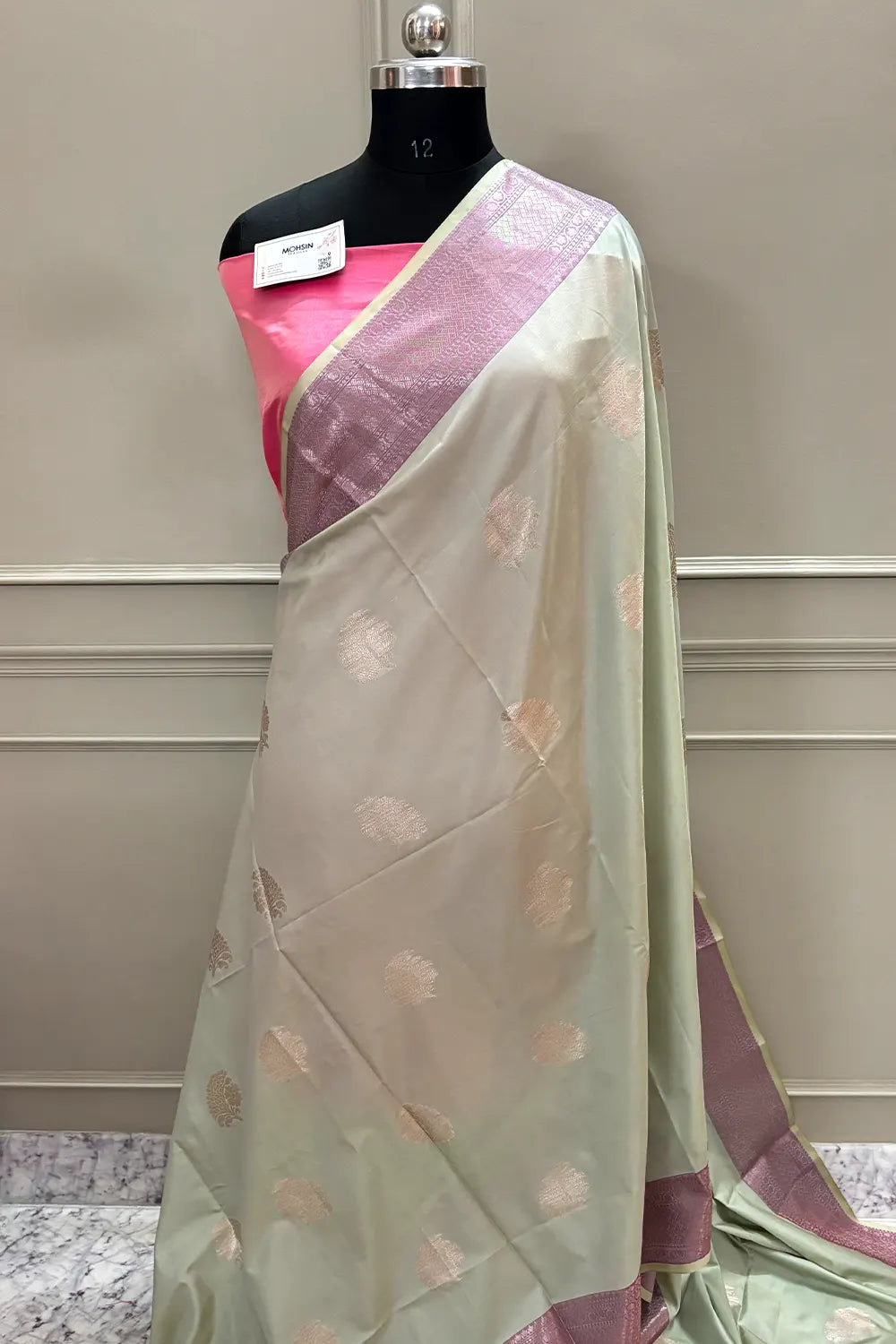 Mint and Pink Golden Zari Banarasi Silk Saree