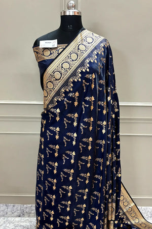 Navy Blue Floranza Katan Silk Banarasi Saree