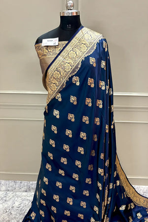 Navy Blue Golden Zari Katan Silk Banarasi Saree