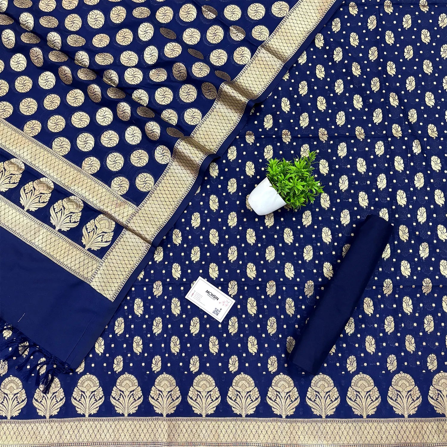 Navy Blue Golden Zari Katan Silk Banarasi Suit
