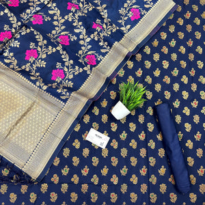 Navy Blue Golden Zari Katan Silk Banarasi Suit