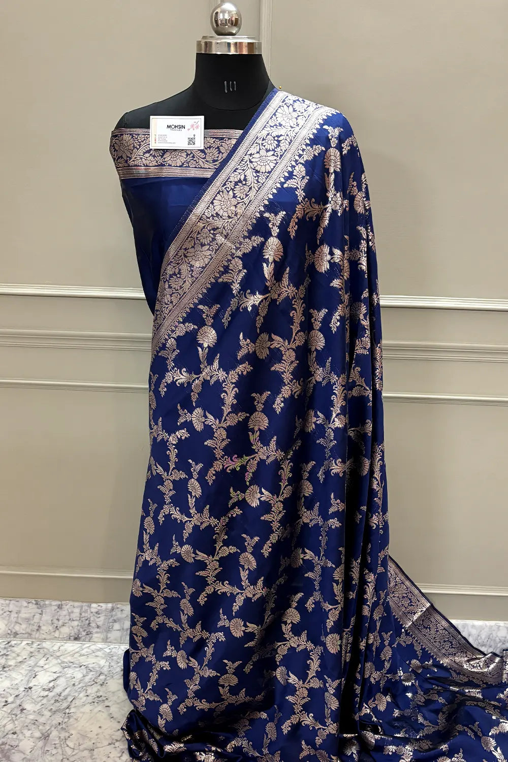 Navy Blue Golden Zari Organza Silk Banarasi Saree
