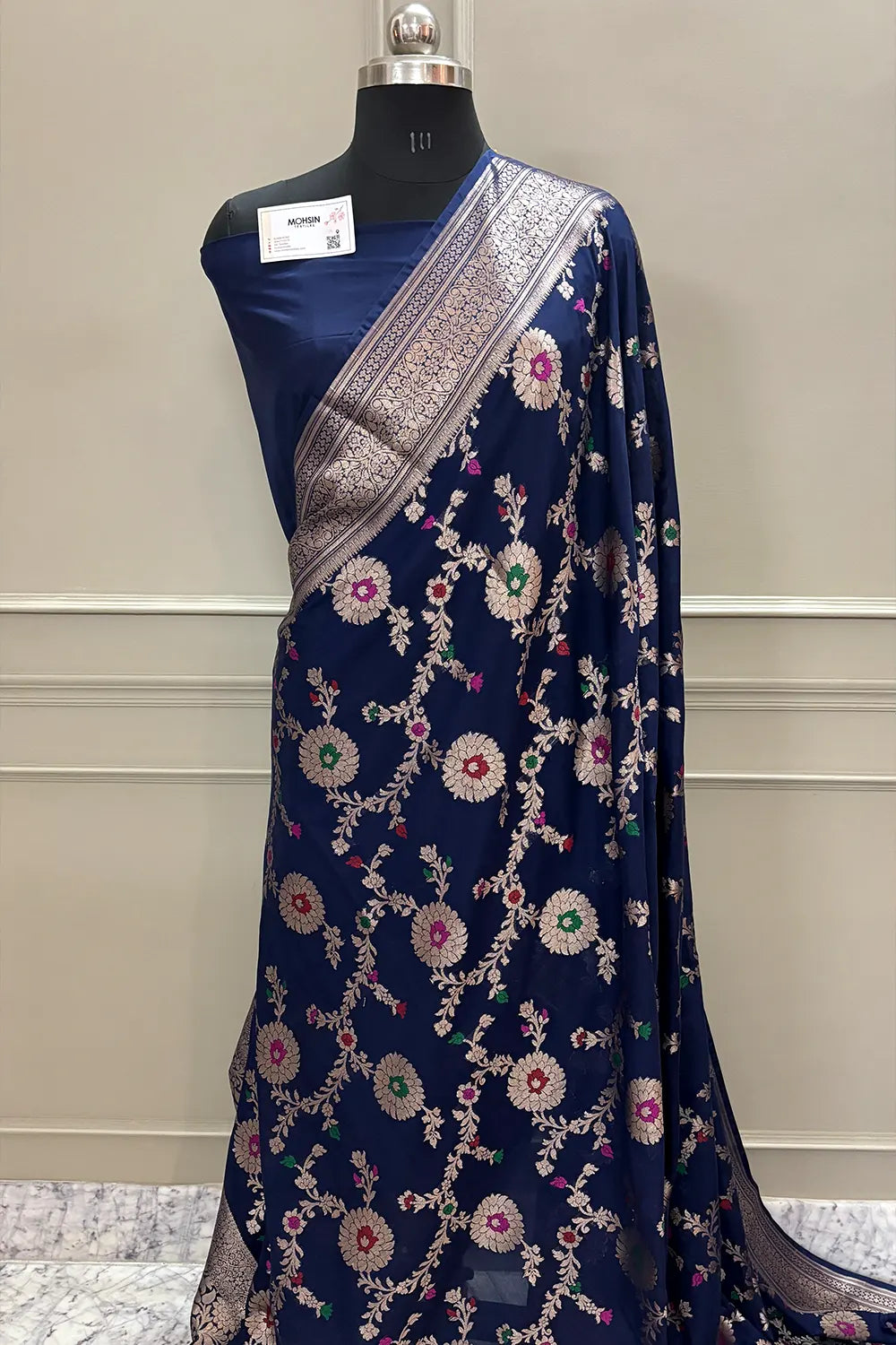Navy Blue Golden Zari Organza Silk Banarasi Saree