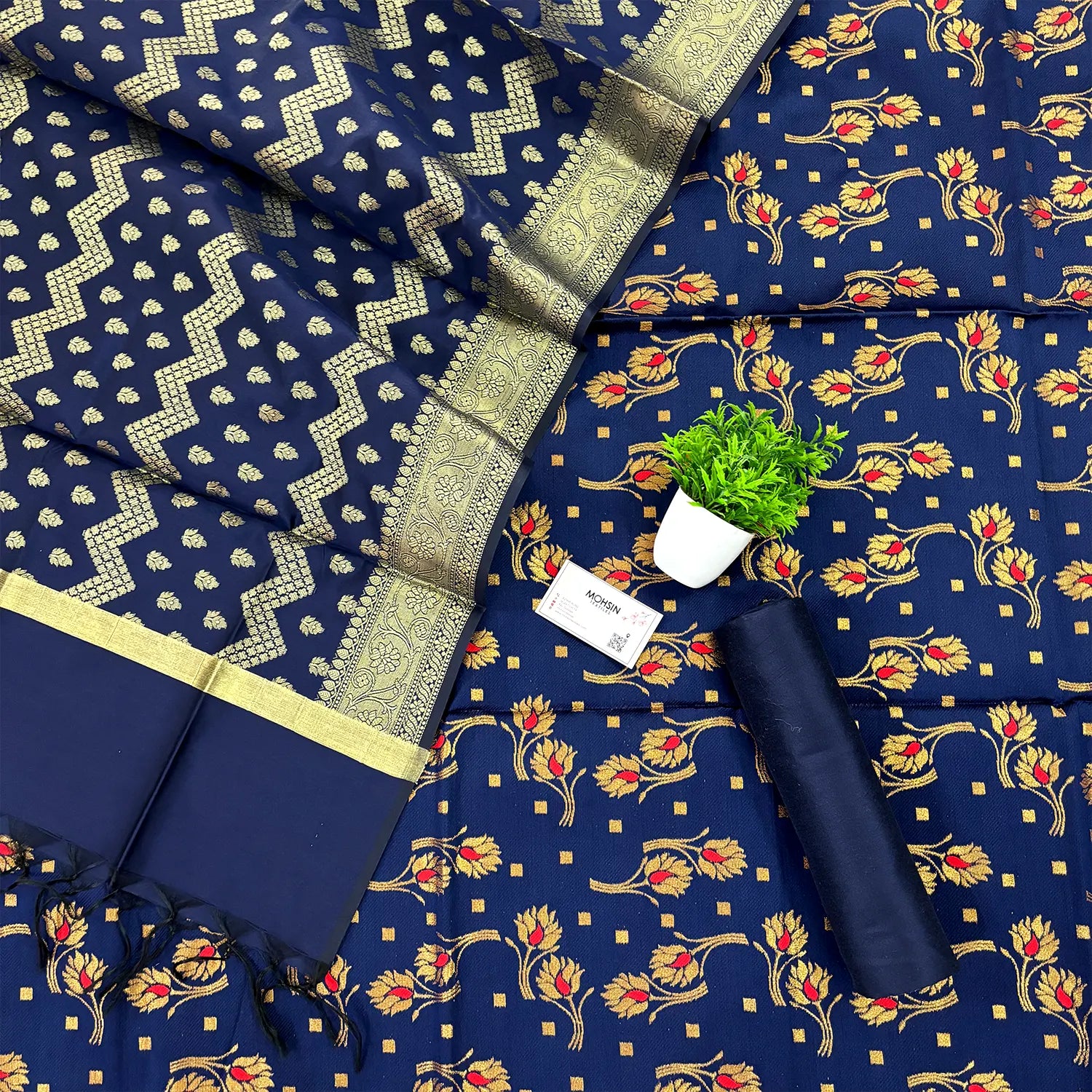 Navy Blue Golden Zari Satin Silk Banarasi Suit