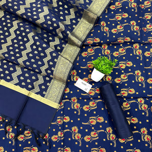 Navy Blue Golden Zari Satin Silk Banarasi Suit