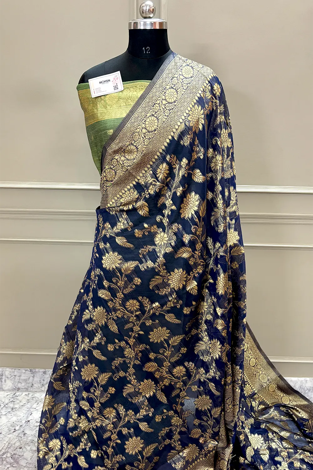 Navy Blue Resham Zari Cotton Silk Banarasi Saree