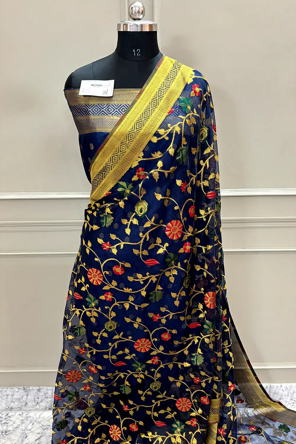 Navy Blue Resham Zari Organza Silk Banarasi Saree