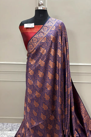 Navy Blue and Maroon Resham Zari Silky Banarasi Saree