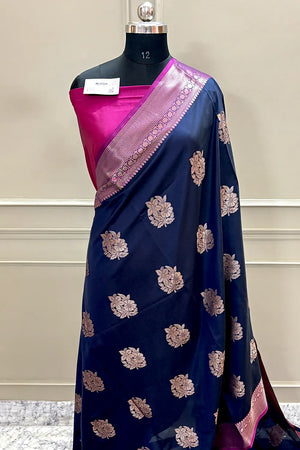 Navy Blue and Pink Golden Zari Banarasi Silk Saree