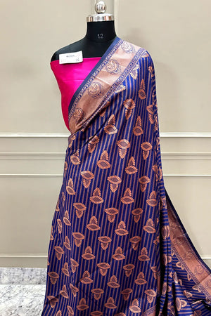 Navy Blue and Pink Resham Zari Banarasi Silk Saree