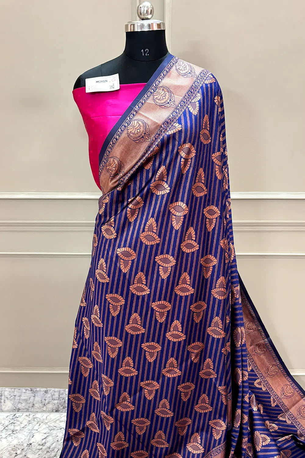 Navy Blue and Pink Resham Zari Banarasi Silk Saree