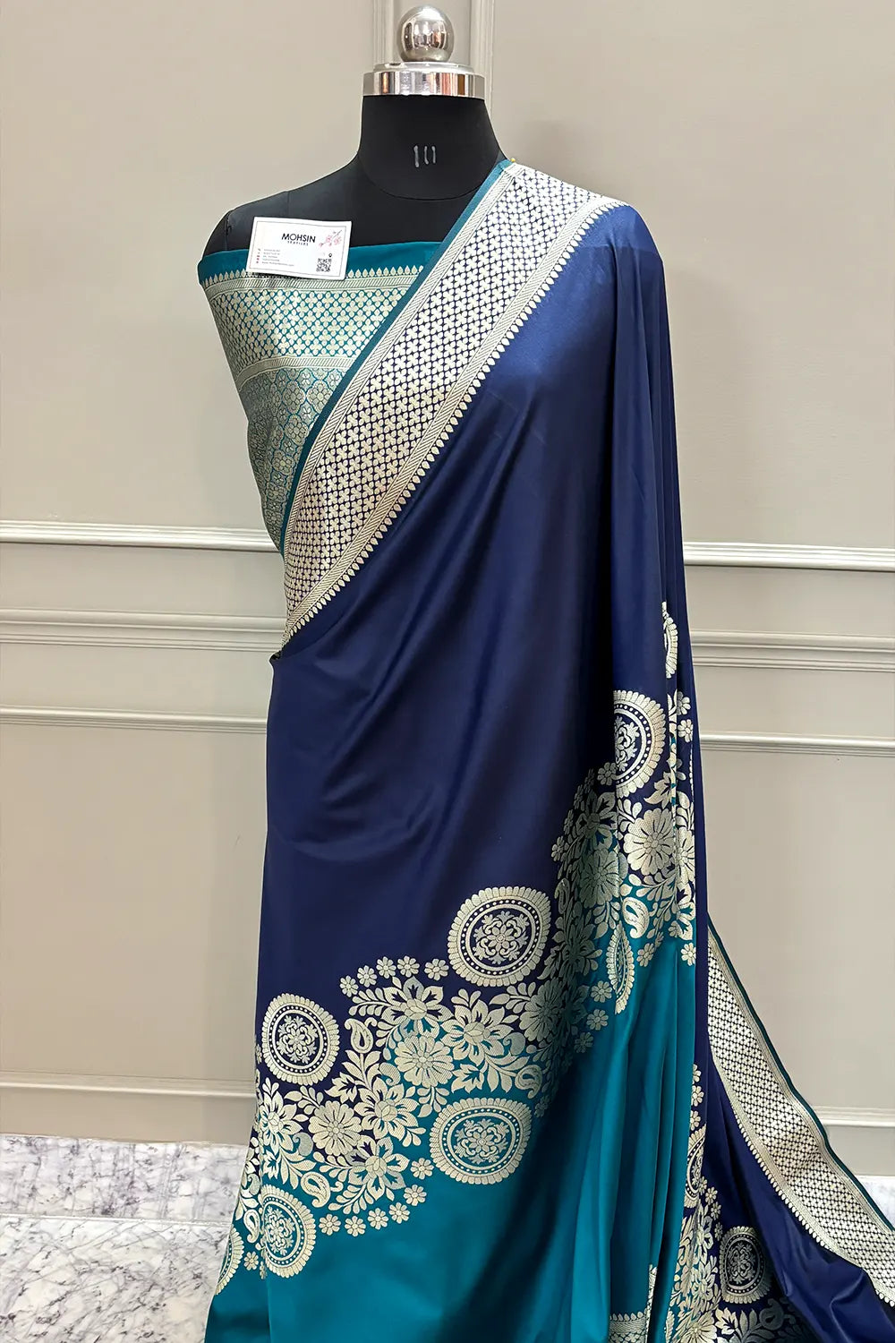 Navy Blue and Teal Golden Zari Satin Silk Banarasi Saree