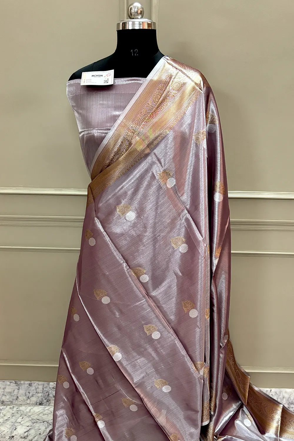 Onion Pink Golden Zari Tissue Silk Banarasi Saree