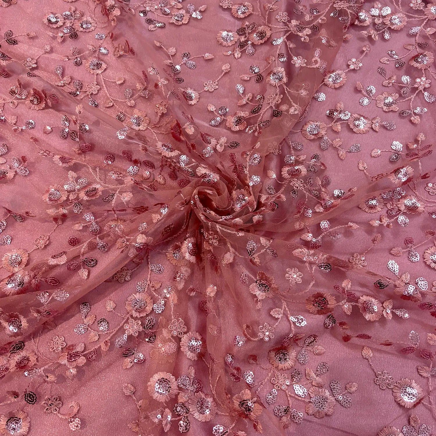 Onion Pink Net Chikankari Sequence Work Fabric