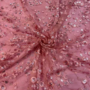 Onion Pink Net Chikankari Sequence Work Fabric