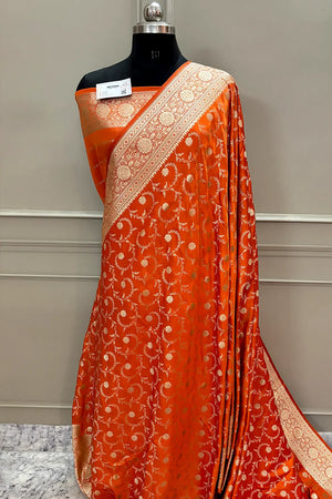 Orange Eragon Jaal Katan Silk Banarasi Saree