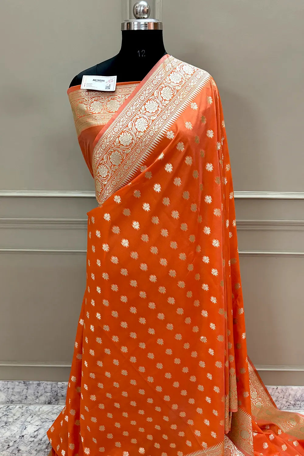 Orange Golden Zari Crepe Silk Banarasi Saree