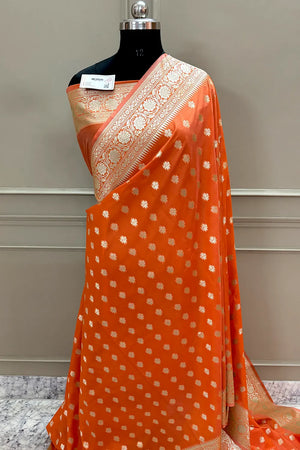 Orange Golden Zari Crepe Silk Banarasi Saree