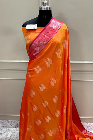 Orange and Mehendi Golden Zari Banarasi Silk Saree