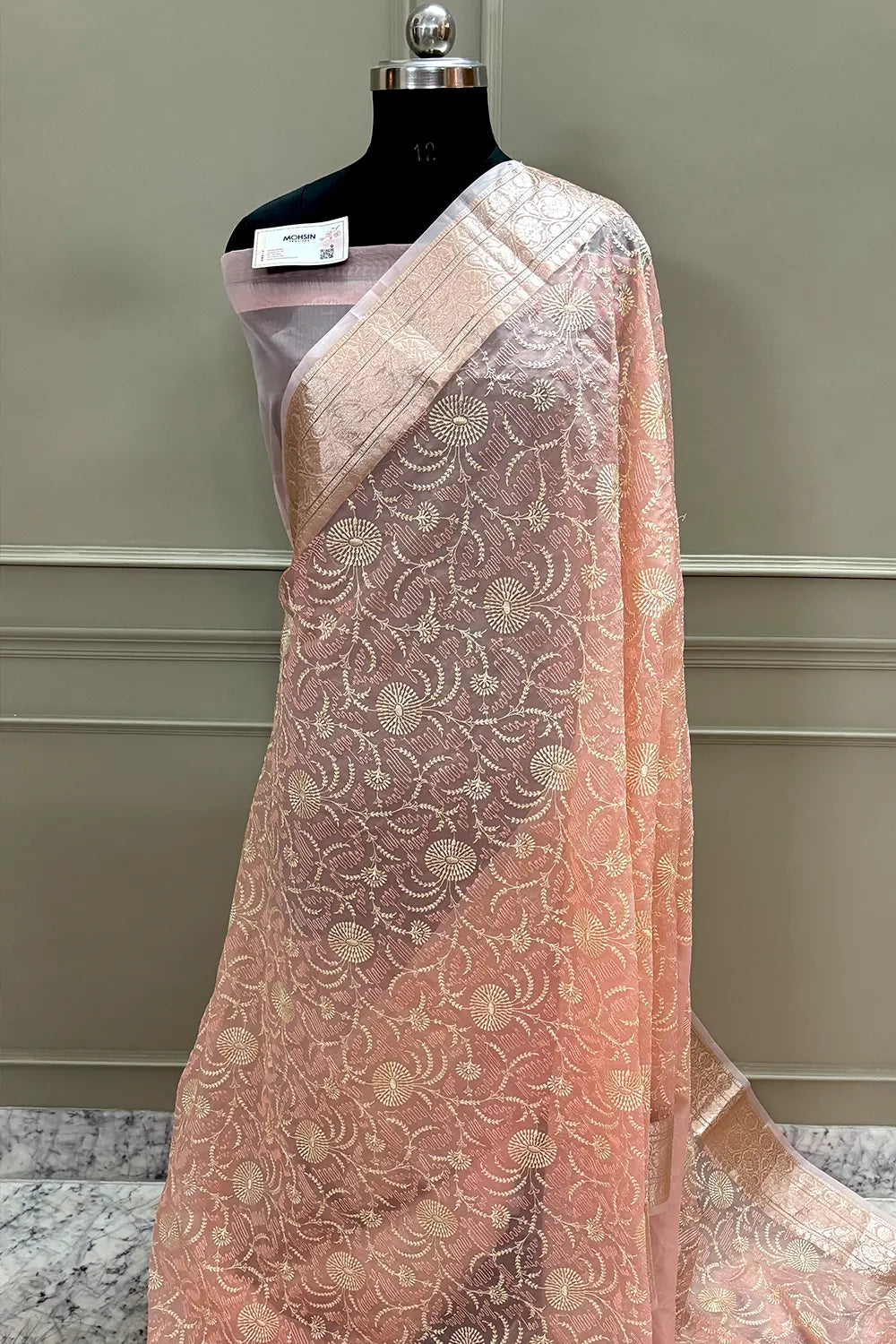 Peach Embroidery Organza Silk Banarasi Saree