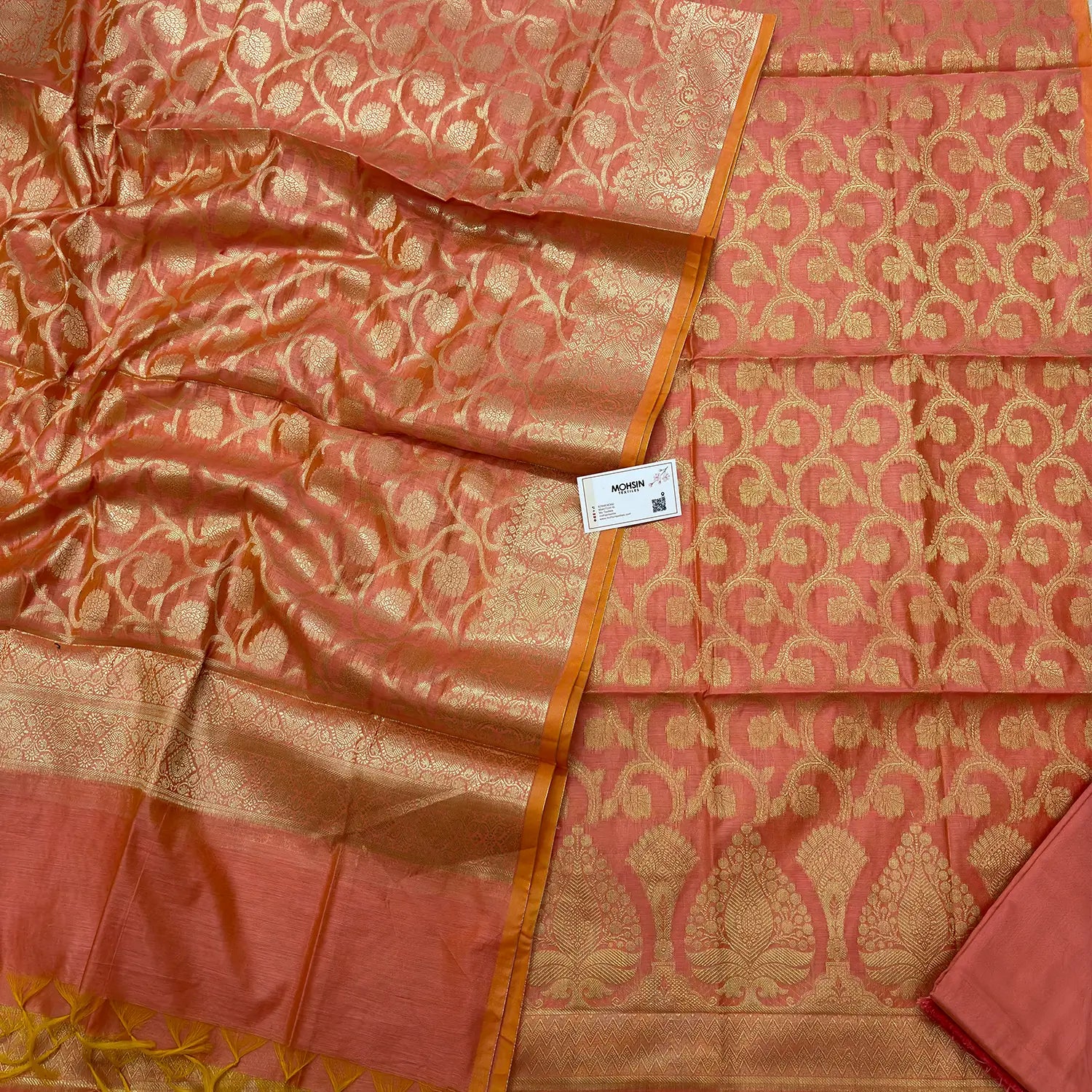 Peach Golden Zari Banarasi Silk Suit