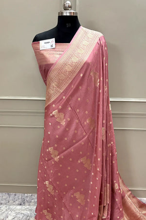 Peach Golden Zari Georgette Silk Banarasi Saree