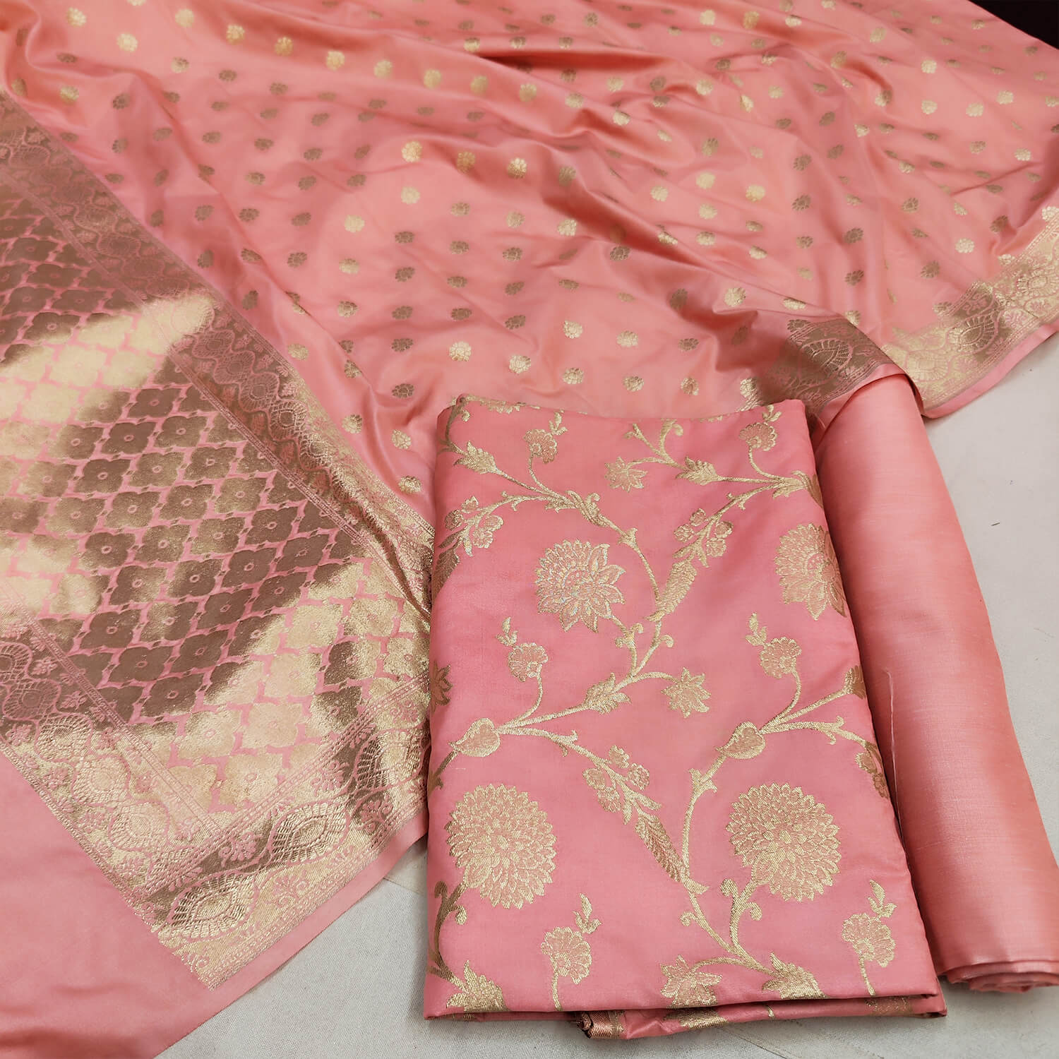 Peach Golden Zari Katan Silk Banarasi Suit