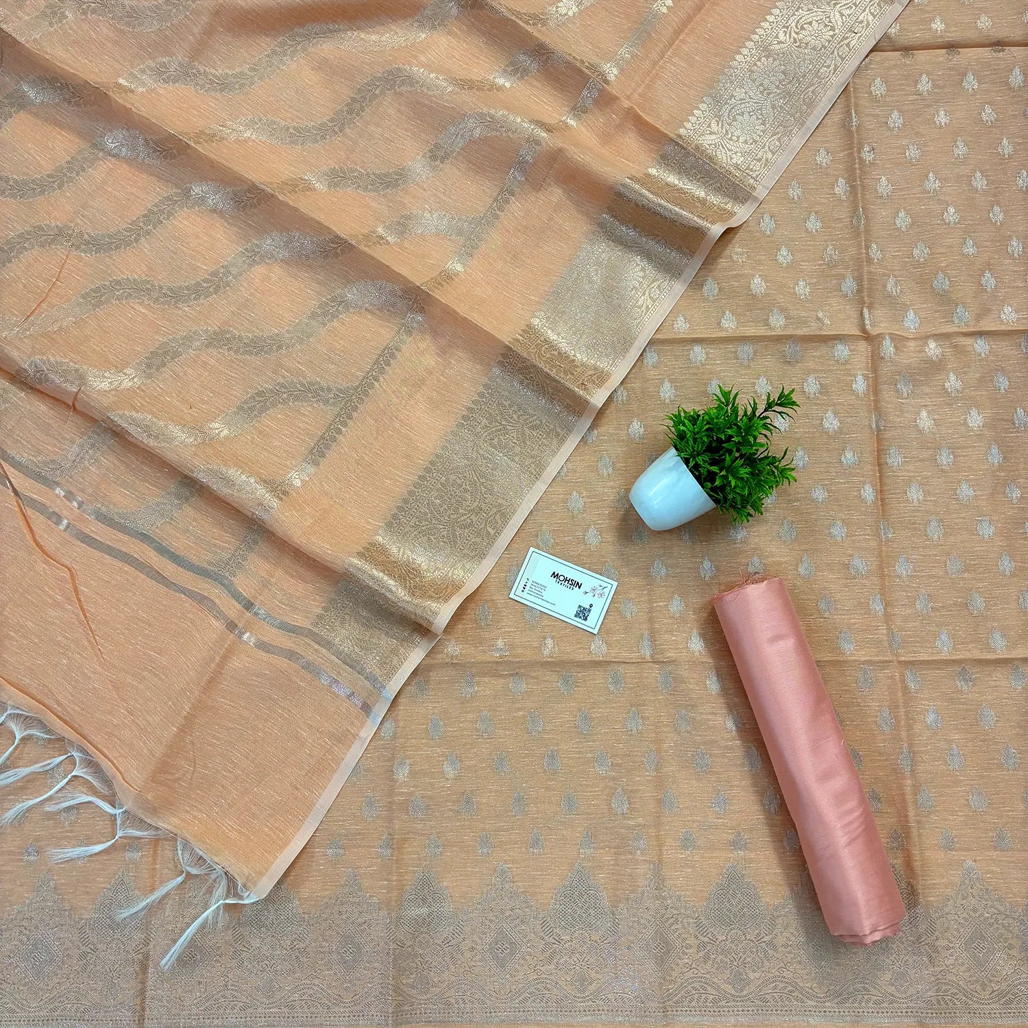 Peach Golden Zari Linen Silk Banarasi Suit