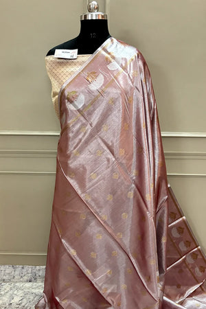 Peach Golden Zari Tissue Silk Banarasi Saree