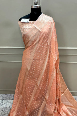 Peach Resham Zari Banarasi Silk Saree