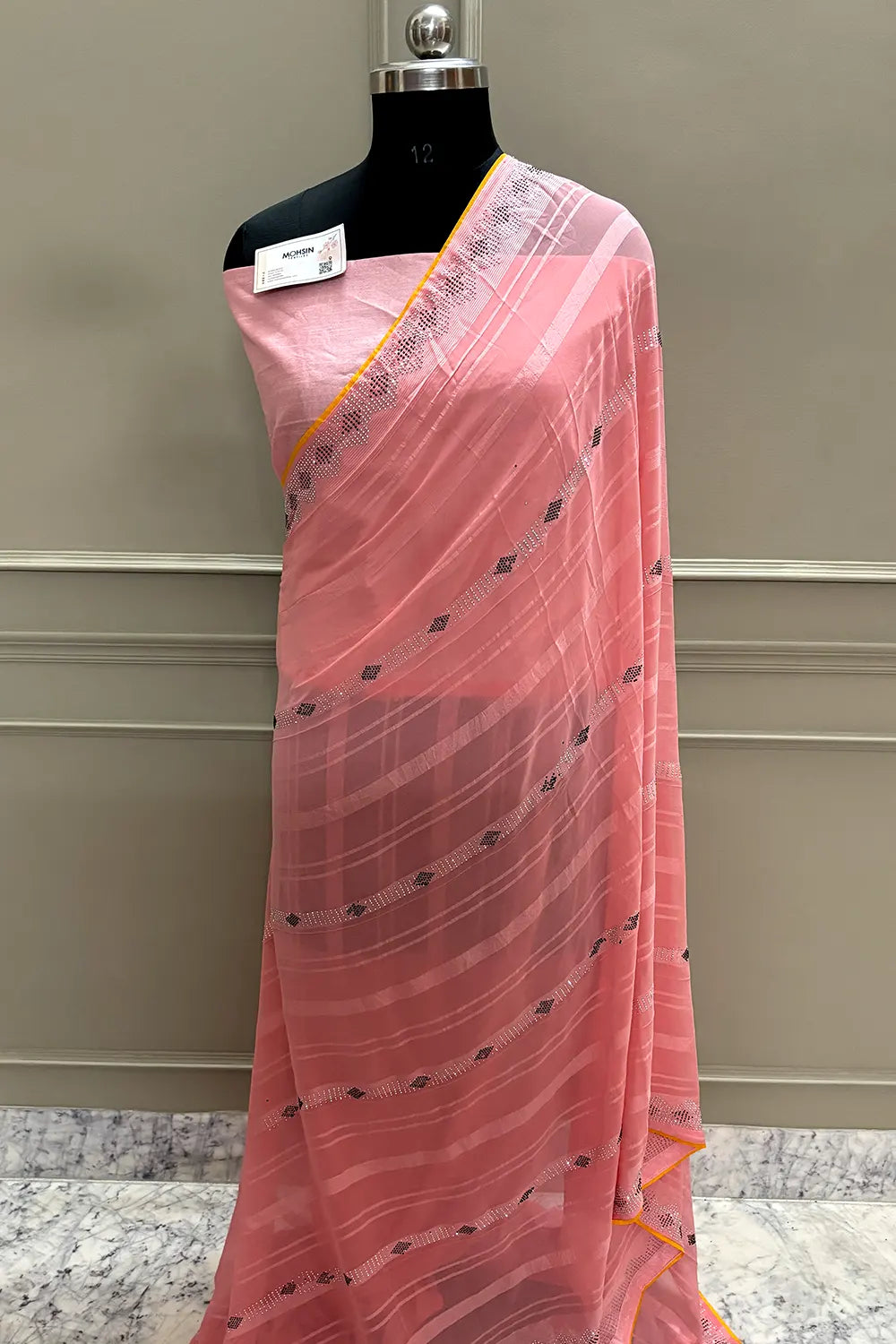 Peach Siroski Work Georgette Silk Saree