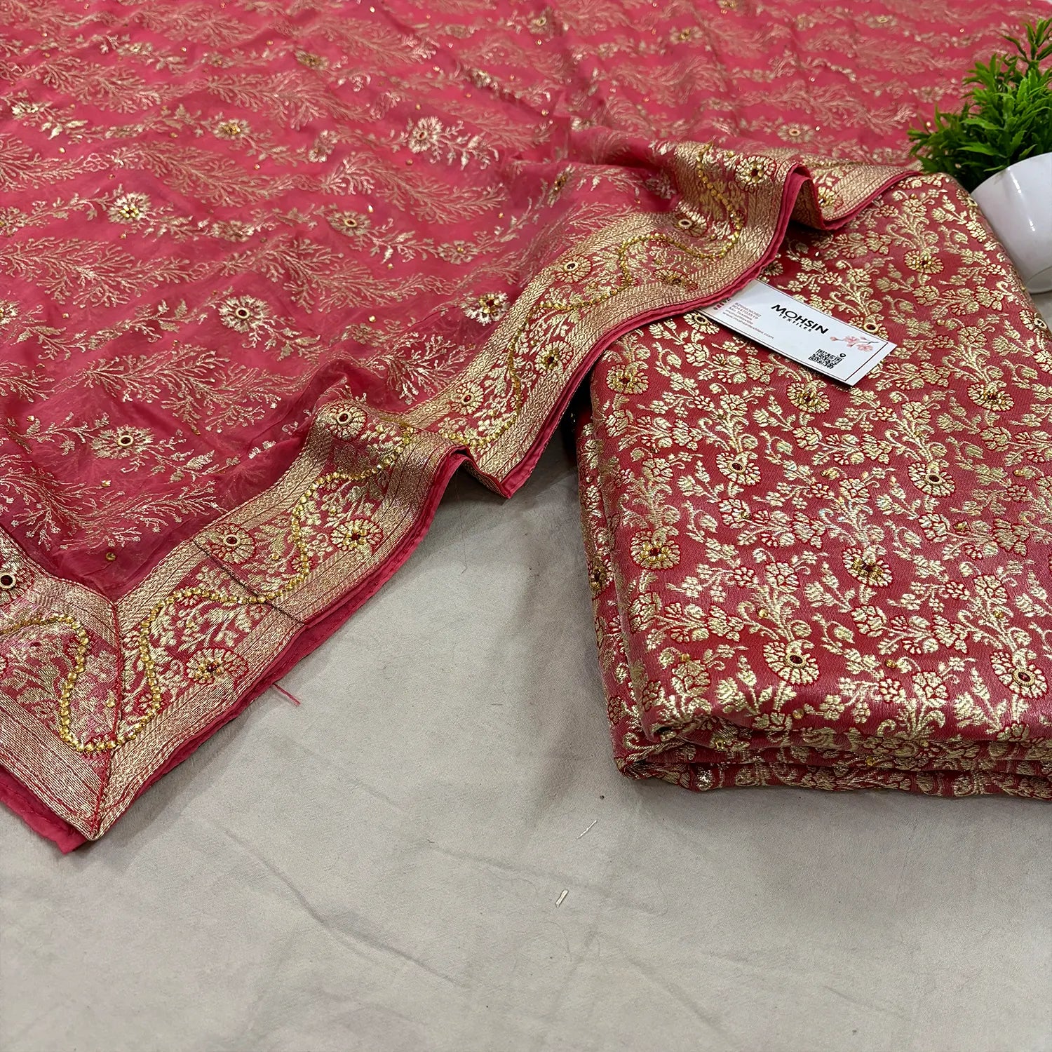 Peach Stone Work Kimkhab Silk Banarasi Gharara