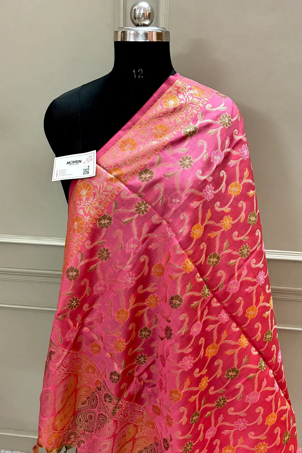 Peach Zari Meena Cotton Silk Banarasi Dupatta
