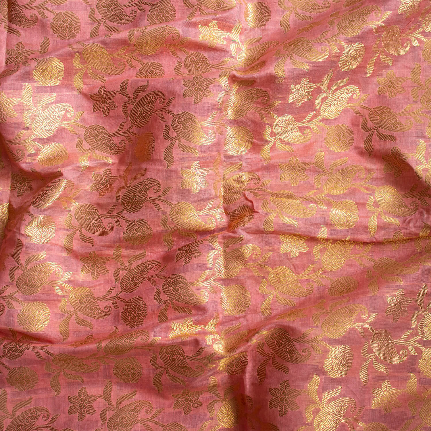 Peach Zari Woven Banarasi Musrize Silk Fabric
