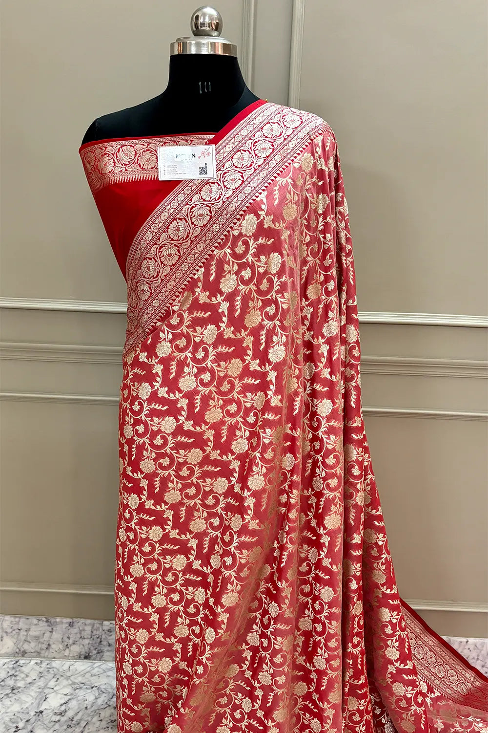 Peach and Red Gulabi Jaal Katan Silk Banarasi Saree