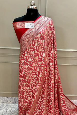 Peach and Red Gulabi Jaal Katan Silk Banarasi Saree