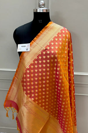 Peachy Orange Golden Zari Katan Silk Banarasi Dupatta