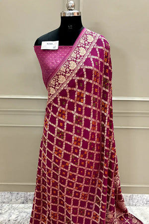Pink Bandhej Georgette Silk Banarasi Saree