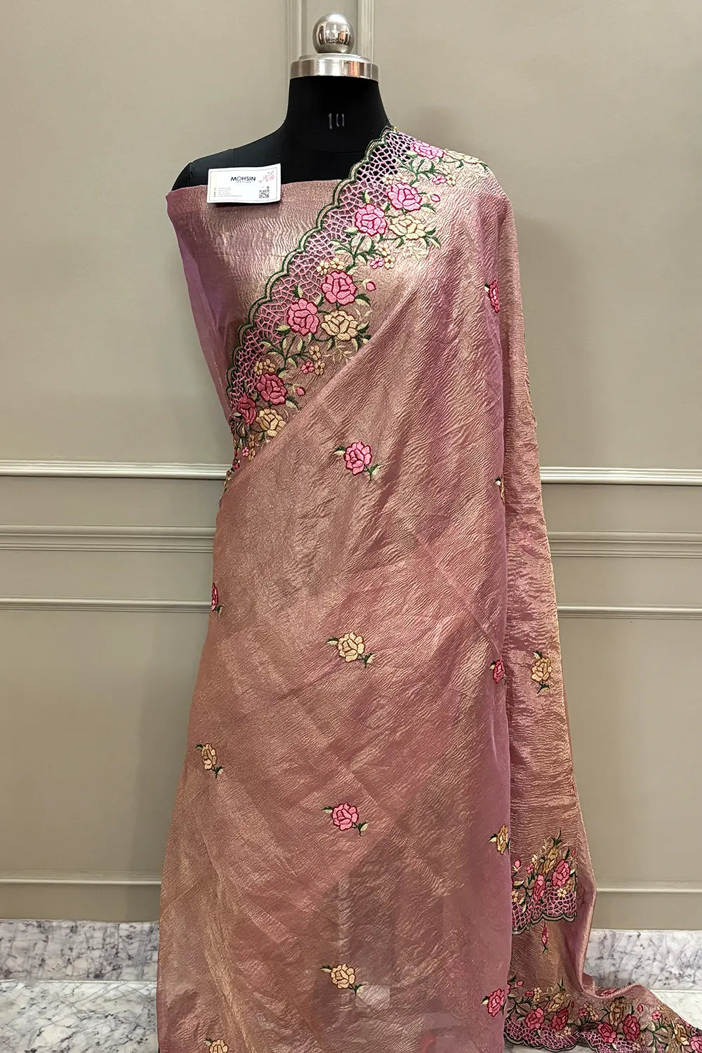 Pink Crush Embroidery Tissue Silk Banarasi Saree
