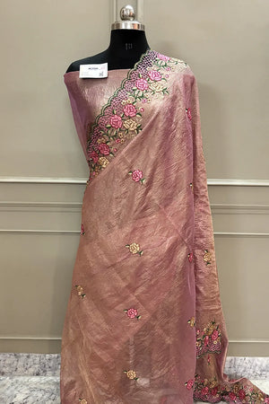 Pink Crush Embroidery Tissue Silk Banarasi Saree