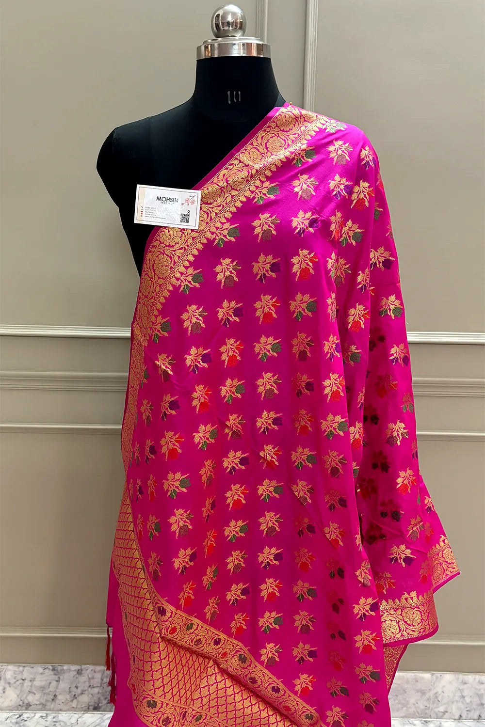 Pink Golden Zari Banarasi Silk Dupatta