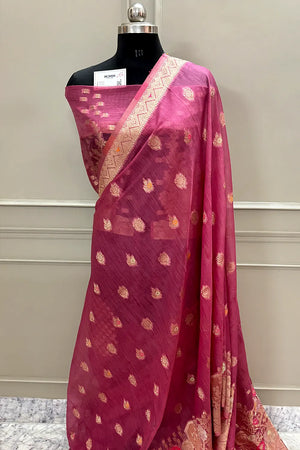Pink Golden Zari Dupion Silk Banarasi Saree