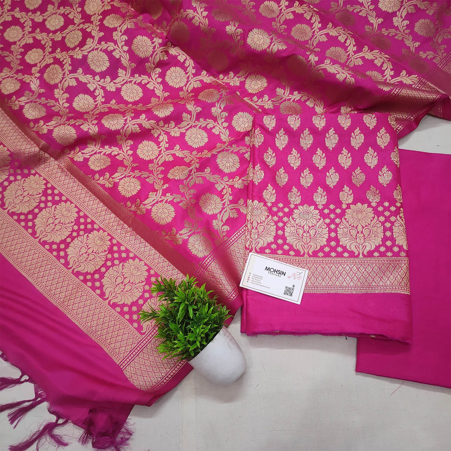Pink Golden Zari Katan Silk Banarasi Suit