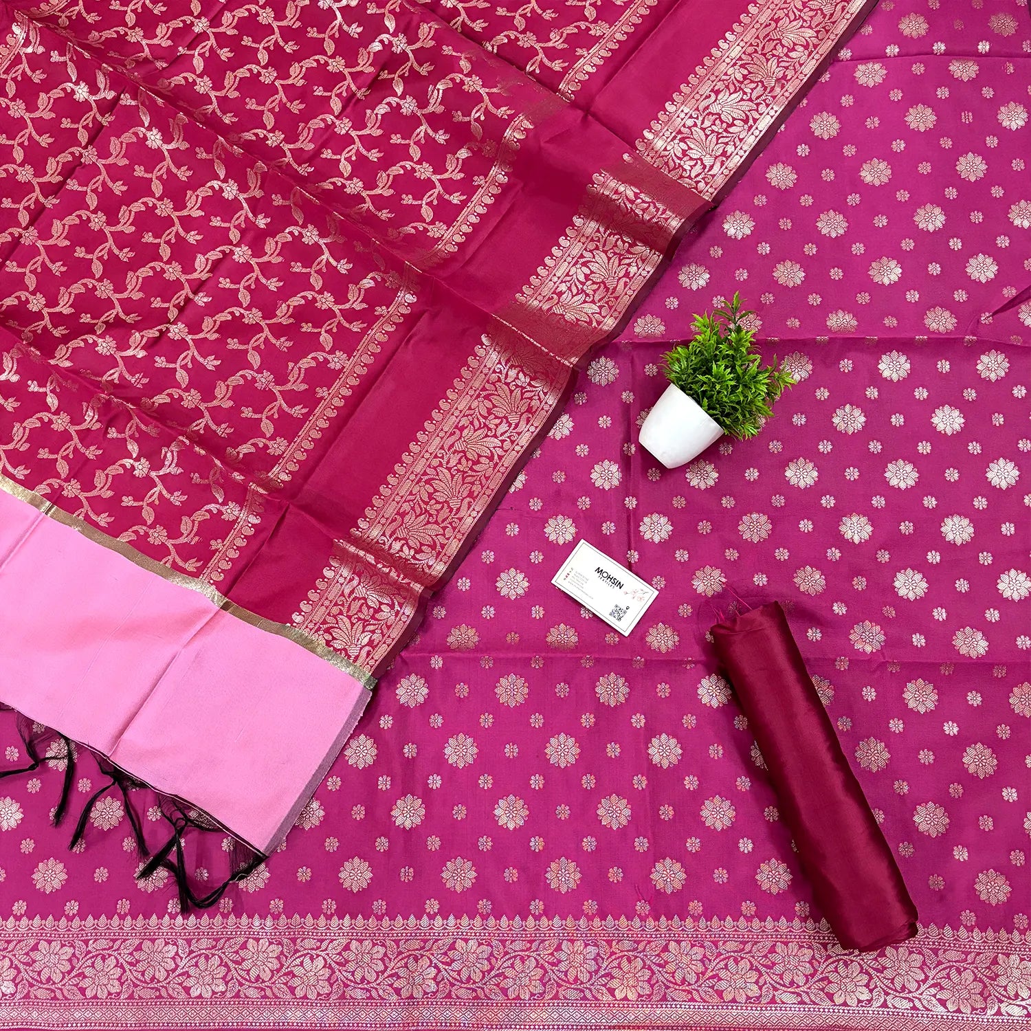 Pink Shaktiman Buti Satin Silk Banarasi Suit