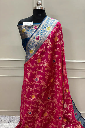 Pink and Blue Golden Zari Silky Banarasi Saree