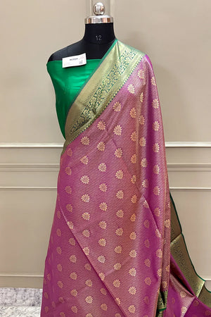 Pink and Green Brocade Banarasi Silk Saree