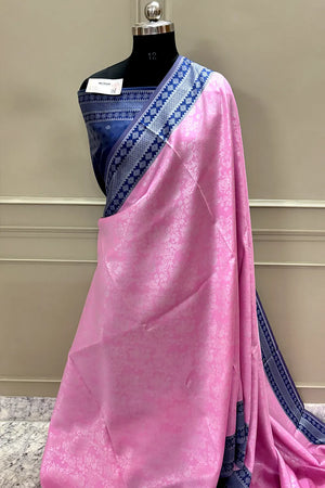 Pink and Navy Blue Silk Banarasi Saree