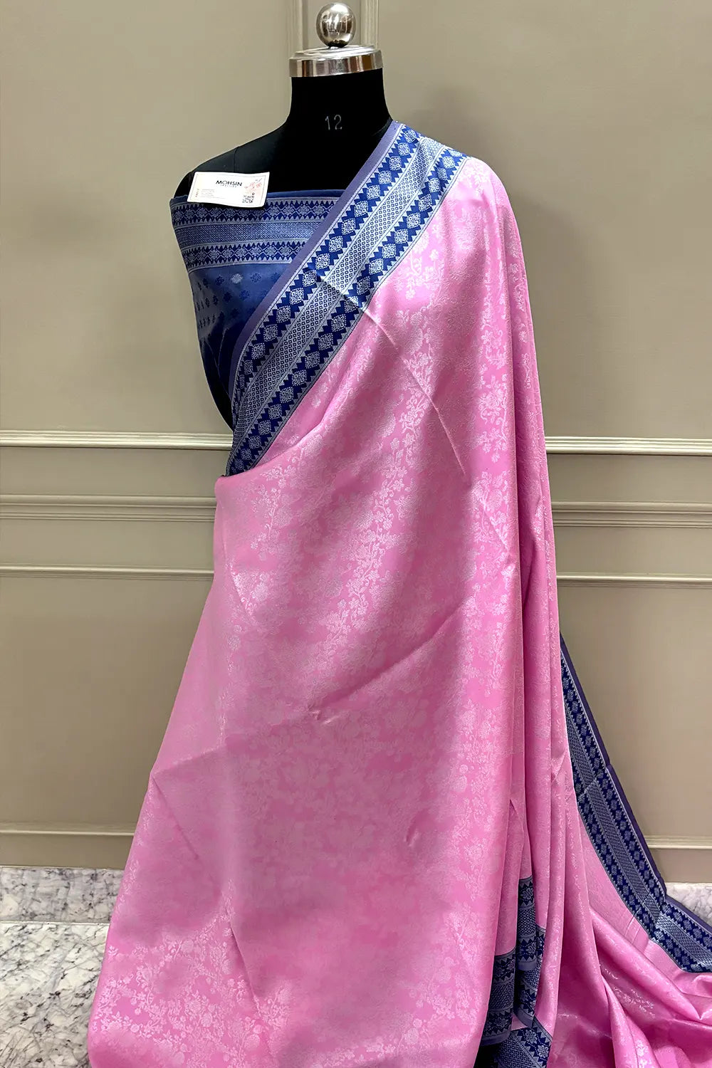 Pink and Navy Blue Silk Banarasi Saree