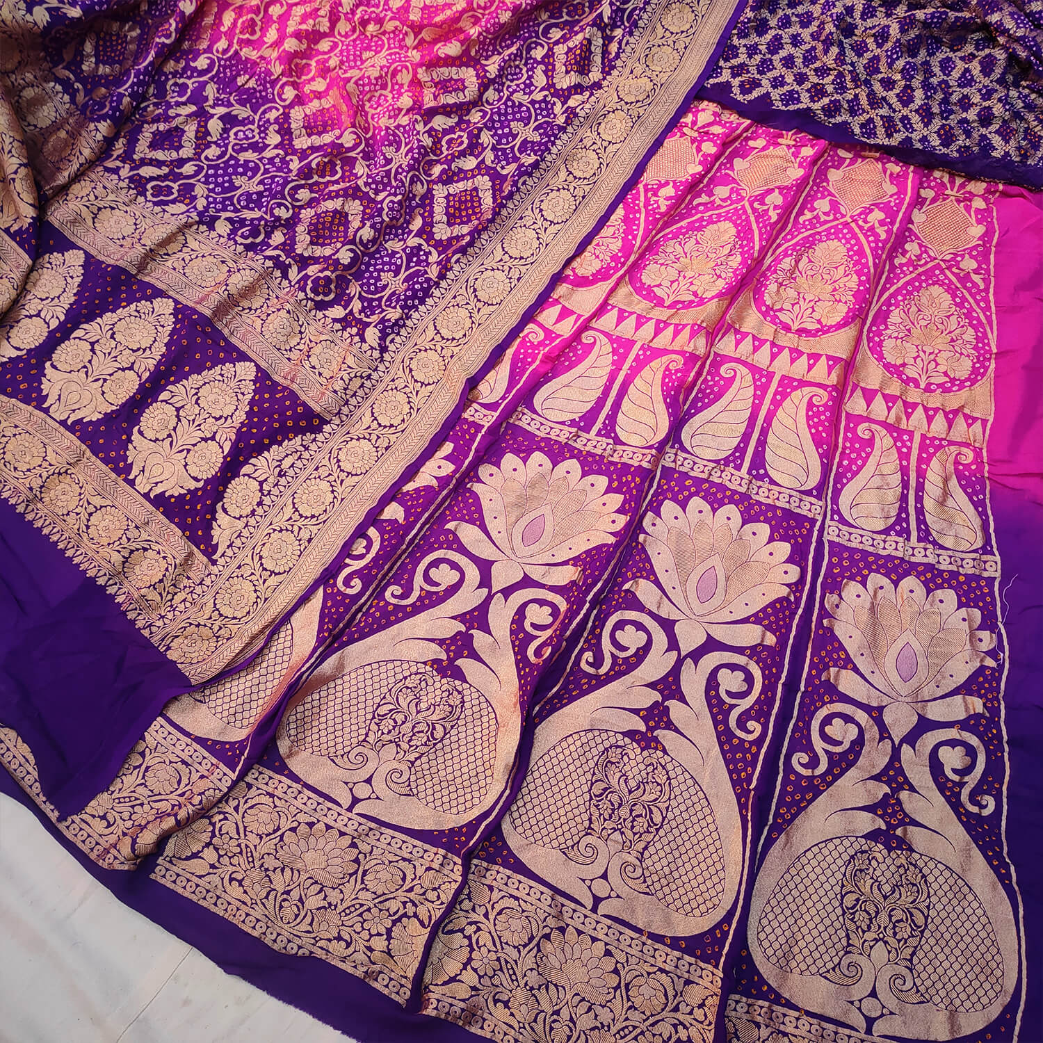 Pink and Purple Handloom Georgette Silk Bandhej Lahenga